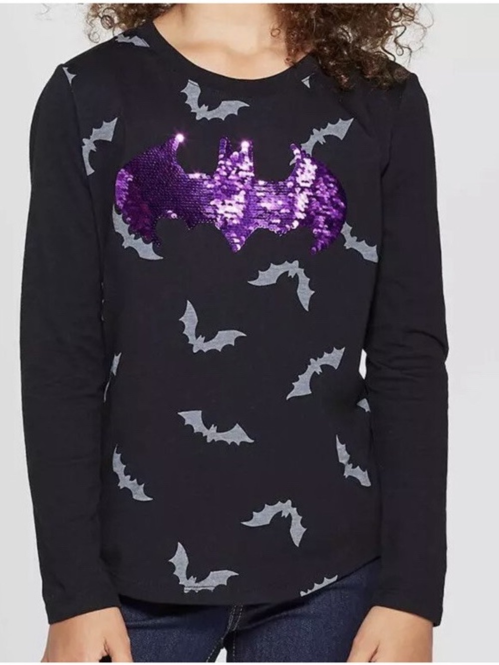 BATMAN GIRLS FLIP SEQUIN LONG SLEEVE TOP - BLACK SIZE XS (NEW WITH TAGS) A10